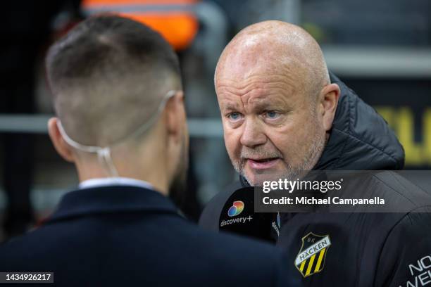 Häckens head coach Per-Mathias Hogmo during an Allsvenskan between AIK and BK Hacken at Friends arena on October 19, 2022 in Solna, Sweden.