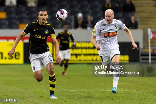 AIKs Nabil Bahoui and Hackens Valgeir Lunddal Fridriksson during an Allsvenskan between AIK and BK Hacken at Friends arena on October 19, 2022 in...