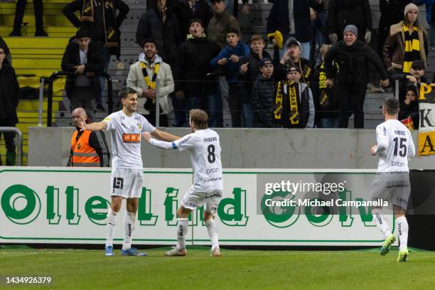 Hackens Alexander Jeremejeff scores the 0-2 goal during an Allsvenskan between AIK and BK Hacken at Friends arena on October 19, 2022 in Solna,...