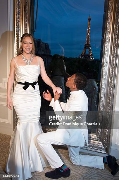 Mariah Carey and her husband Nick Cannon during their wedding vows renewal ceremony, photocall at Maison Blanche on April 27, 2012 in Paris, France.