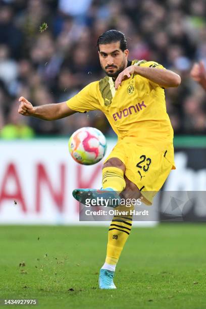 Emre Can of Borussia Dortmund kick the ball during the DFB Cup second round match between Hannover 96 and Borussia Dortmund at Heinz von Heiden Arena...