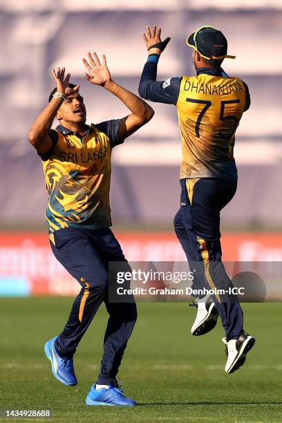 Maheesh Theekshana of Sri Lanka celebrates with Dhananjaya de Silva of Sri Lanka after the wicket of Tim Pringle of the Netherlands for 2 runs during...