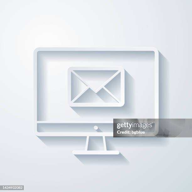 desktop computer with email message. icon with paper cut effect on blank background - contact us vector stock illustrations