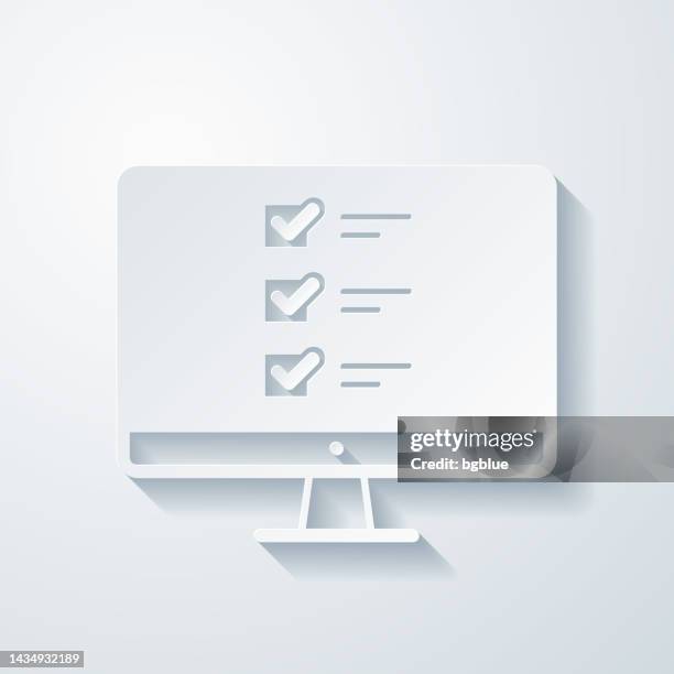 desktop computer with checklist. icon with paper cut effect on blank background - using desktop computer at home stock illustrations