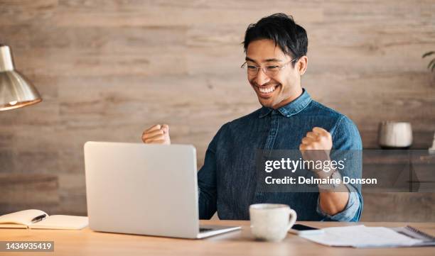 laptop, winner and goal with a business man in celebration of a target, achievement or deal. computer, wow and yes with a happy male employee cheering a victory or excited by a bonus at work - rewards program stock pictures, royalty-free photos & images