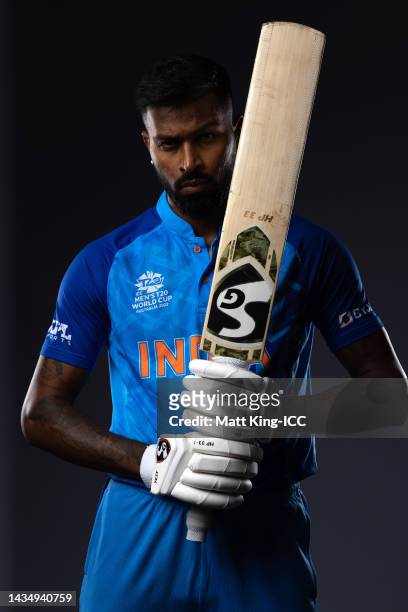 Hardik Pandya poses during the India ICC Men's T20 Cricket World Cup 2022 team headshots at The Gabba on October 18, 2022 in Brisbane, Australia.