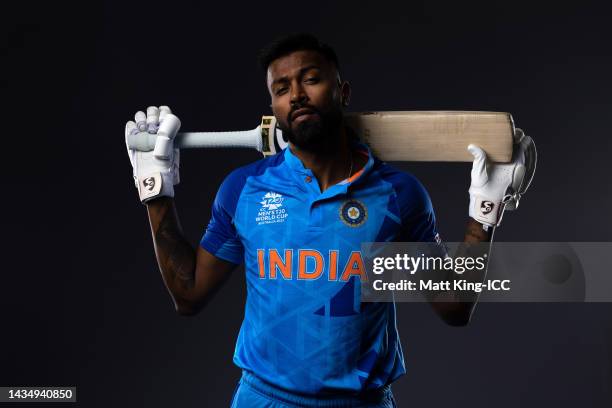 Hardik Pandya poses during the India ICC Men's T20 Cricket World Cup 2022 team headshots at The Gabba on October 18, 2022 in Brisbane, Australia.