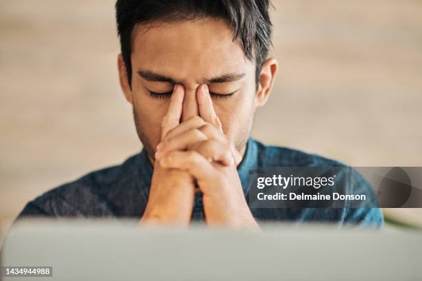 stress, headache or anxiety web designer on laptop in office with burnout, mental health or depression. zoom, developer or asian programmer and website technology 404 glitch or cybersecurity software - oops stock pictures, royalty-free photos & images