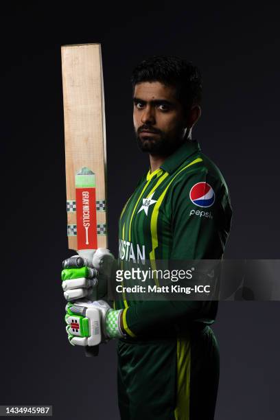 Babar Azam poses during the Pakistan ICC Men's T20 Cricket World Cup 2022 team headshots at The Gabba on October 18, 2022 in Brisbane, Australia.