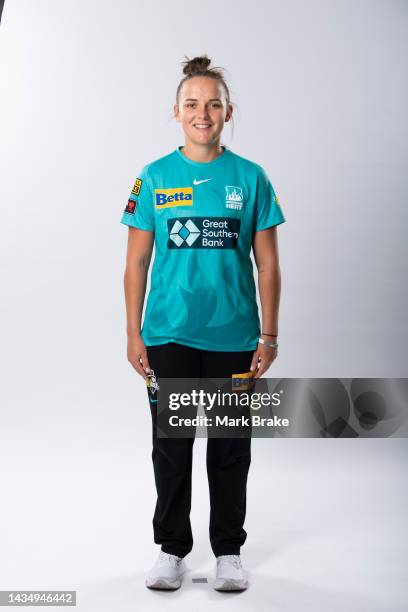 Amelia Kerr poses during the Brisbane Heat Women's Big Bash League headshots session at the Franklin Apartments on October 20, 2022 in Adelaide,...