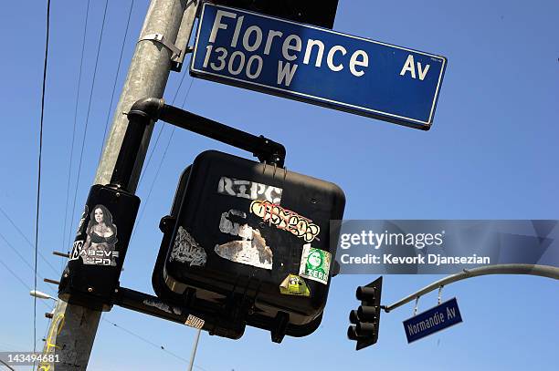 Street sign marks the intersection of Florence and Normandy Avenues in South Los Angeles on April 27, 2012 in Los Angeles, California. The...