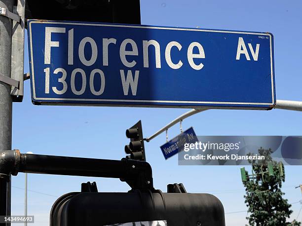 Street sign marks the intersection of Florence and Normandy Avenues in South Los Angeles on April 27, 2012 in Los Angeles, California. The...