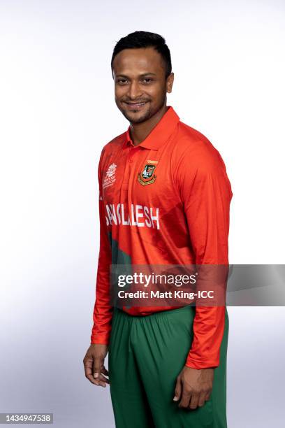 Shakib Al Hasan poses during the Bangladesh ICC Men's T20 Cricket World Cup 2022 team headshots at The Gabba on October 18, 2022 in Brisbane,...