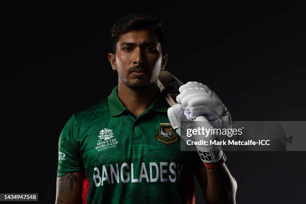 Soumya Sarkar poses during the Bangladesh ICC Men's T20 Cricket World Cup 2022 team headshots at The Gabba on October 18, 2022 in Brisbane, Australia.