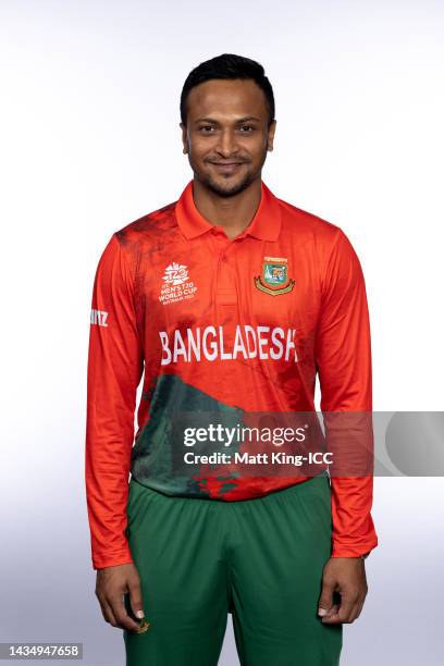 Shakib Al Hasan poses during the Bangladesh ICC Men's T20 Cricket World Cup 2022 team headshots at The Gabba on October 18, 2022 in Brisbane,...