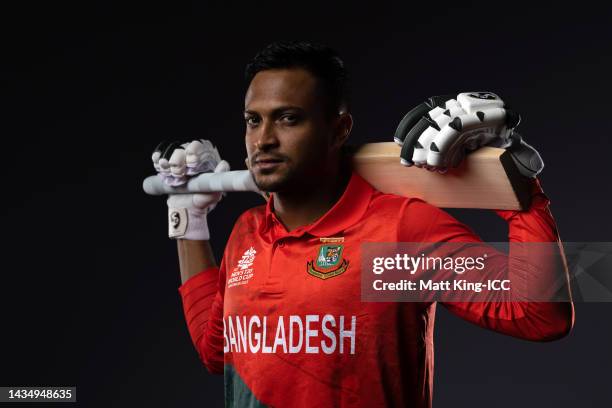 Shakib Al Hasan poses during the Bangladesh ICC Men's T20 Cricket World Cup 2022 team headshots at The Gabba on October 18, 2022 in Brisbane,...