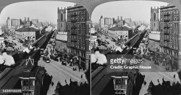 Herald Square, junction of Broadway and Sixth Avenue, north, showing the Herald Building and an elevated railway, New York, 1902. On the right is the...