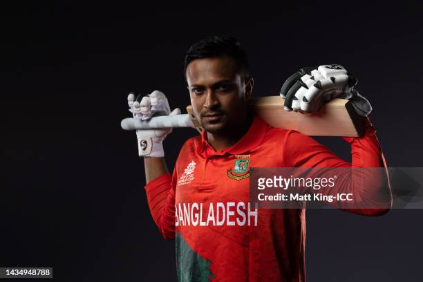 Shakib Al Hasan poses during the Bangladesh ICC Men's T20 Cricket World Cup 2022 team headshots at The Gabba on October 18, 2022 in Brisbane,...