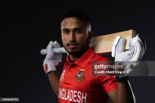 Afif Hossain poses during the Bangladesh ICC Men's T20 Cricket World Cup 2022 team headshots at The Gabba on October 18, 2022 in Brisbane, Australia.