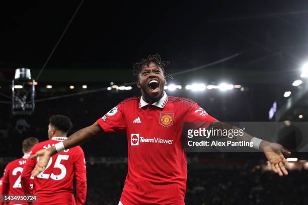 Fred of Manchester United celebrates after he scores his sides first goal during the Premier League match between Manchester United and Tottenham...