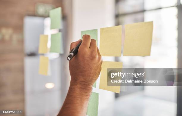 sticky notes, hand planning and business writing of an office employee working on a content schedule. strategy, marketing moodboard and advertising calendar plan of a man worker busy with notes work - content stock pictures, royalty-free photos & images