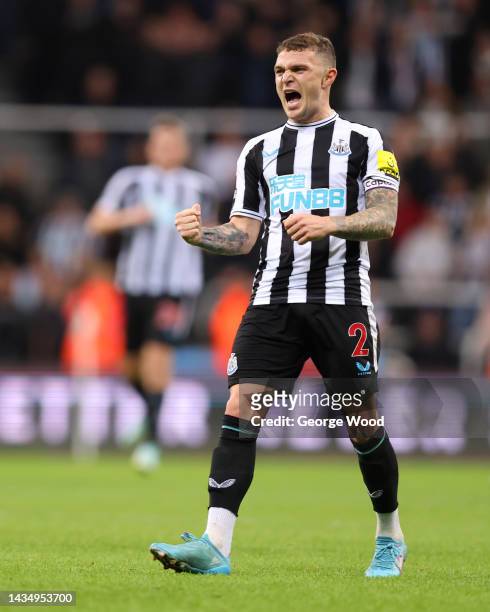 Kieran Trippier of Newcastle United celebrates after victory in the Premier League match between Newcastle United and Everton FC at St. James Park on...
