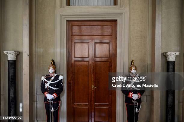 Corazzieri, a cuirassier regiment part of the honor guard of the Italian presidency, stand guard during the first day of consultations at Quirinale...