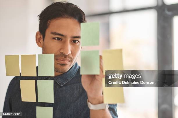 geschäftsmann, haftnotizen und arbeitsplan für projektplanung, brainstorming und management im büro. asiatischer mann, der an der unternehmensplanung, strategie und organisation von aufgaben in post it am arbeitsplatz arbeitet - mann liste stock-fotos und bilder