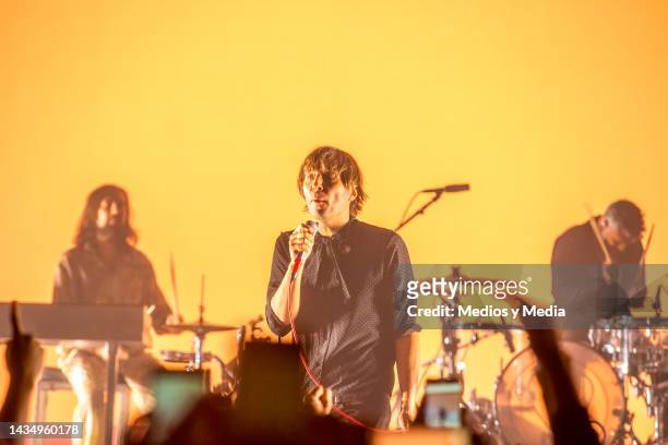 Thomas Mars, singer of Phoenix band, performing during a concert as part of the 'Alpha Zulu Tour' at Showcenter Complex on October 19, 2022 in...