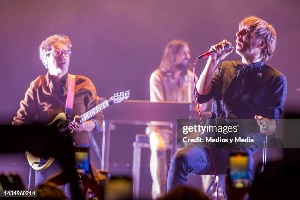 Thomas Mars, singer of Phoenix band, performing during a concert as part of the 'Alpha Zulu Tour' at Showcenter Complex on October 19, 2022 in...