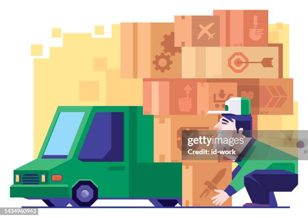 illustrations, cliparts, dessins animés et icônes de courrier tenant une pile de cartons - lourd