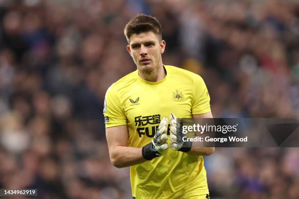 Nick Pope of Newcastle United looks on during the Premier League match between Newcastle United and Everton FC at St. James Park on October 19, 2022...