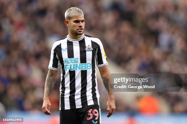 Bruno Guimaraes of Newcastle United looks on during the Premier League match between Newcastle United and Everton FC at St. James Park on October 19,...