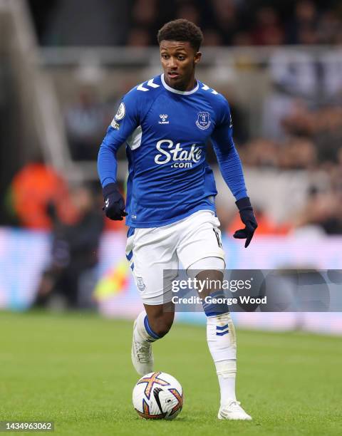 Demarai Gray of Everton runs with the ball during the Premier League match between Newcastle United and Everton FC at St. James Park on October 19,...