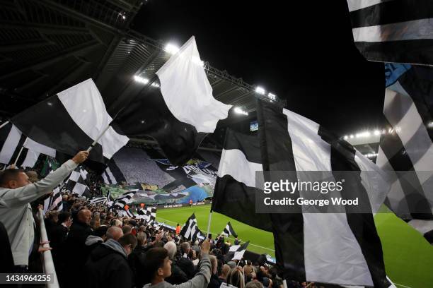 Newcastle United fans wave flags prior to the Premier League match between Newcastle United and Everton FC at St. James Park on October 19, 2022 in...