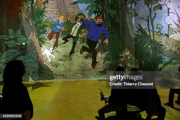 Visitors attend a press preview of the immersive exhibition 'Tintin, L'aventure Immersive' at the 'Atelier des Lumieres' on October 20, 2022 in...