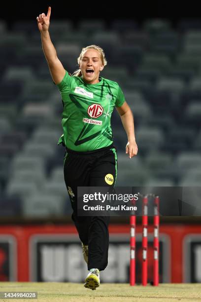 Kim Garth of the Stars celebrates the wicket of Sophie Devine of the Scorchers during the Women's Big Bash League match between the Perth Scorchers...