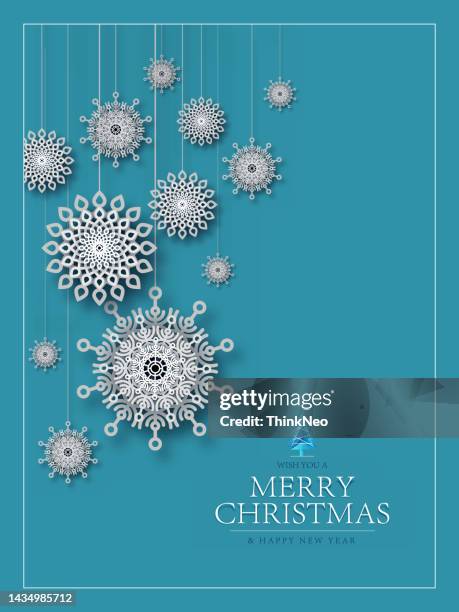 christmas background with hanging paper style snowflakes - origami flower stock illustrations