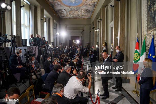Giuseppe De Cristofaro and Aurora Floridia speak to the media after the meeting with Italian President Sergio Mattarella during the first day of...