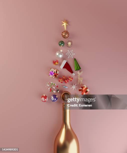 weihnachtsbaum mit sektflasche - bottle champagne from above stock-fotos und bilder