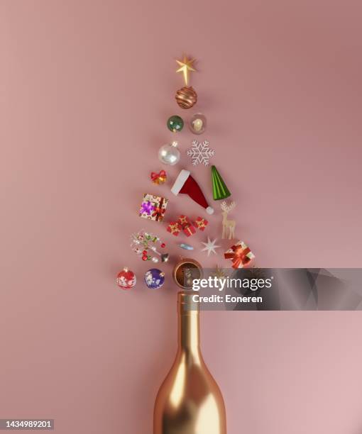 christmas tree with champagne bottle - new year gifts imagens e fotografias de stock