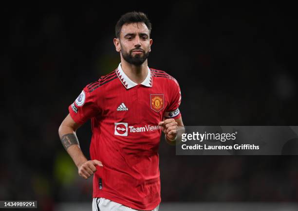 Bruno Fernandes of Manchester United looks on during the Premier League match between Manchester United and Tottenham Hotspur at Old Trafford on...