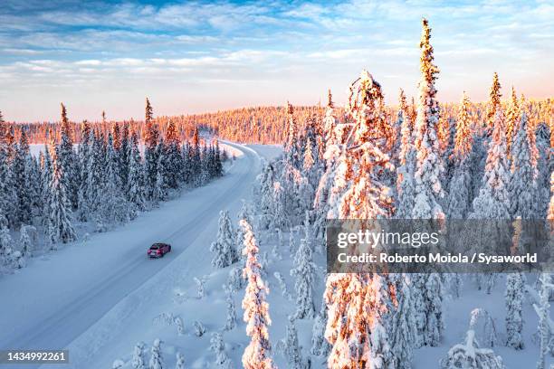 car traveling in a snowy forest at dawn, lapland - snow covered road stockfoto's en -beelden