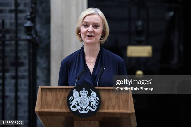 Prime Minister Liz Truss announces her resignation at Downing Street on October 20, 2022 in London, England. Liz Truss has been the UK Prime Minister...