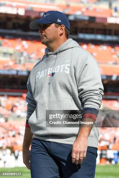 Offensive assistant/quarterbacks coach Joe Judge of the New England Patriots walks off the field prior to a game against the Cleveland Browns at...