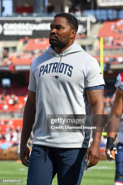 Linebackers coach Jerod Mayo of the New England Patriots walks off the field prior to a game against the Cleveland Browns at FirstEnergy Stadium on...