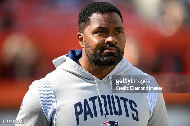 Linebackers coach Jerod Mayo of the New England Patriots walks onto the field prior to a game against the Cleveland Browns at FirstEnergy Stadium on...