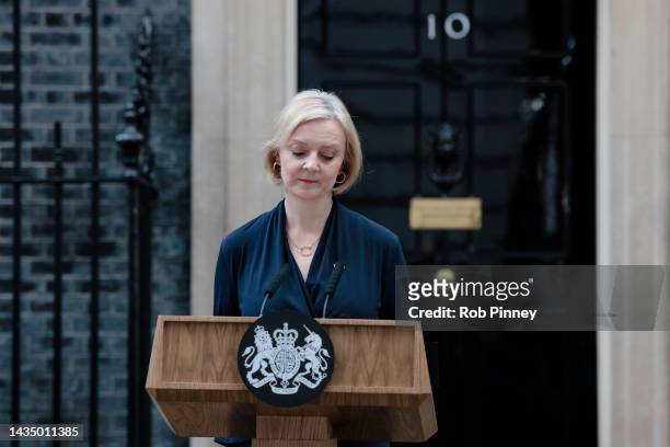 Prime Minister Liz Truss delivers her resignation speech at Downing Street on October 20, 2022 in London, England. Liz Truss has been the UK Prime...