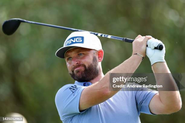 Andy Sullivan of England tees off on the 3rd hole on Day One of the Mallorca Golf Open at Son Muntaner Golf Club on October 20, 2022 in Palma de...