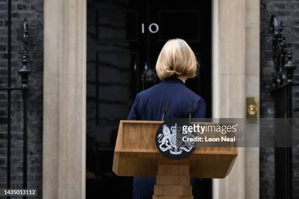 Prime Minister Liz Truss announces her resignation as she addresses the media outside number 10 at Downing Street on October 20, 2022 in London,...